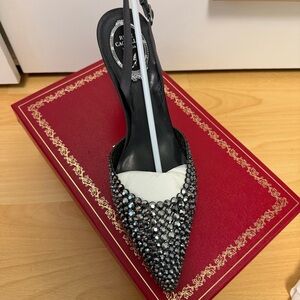 Rene Caovilla Black Crystal Pointed Toe Slingback Heel